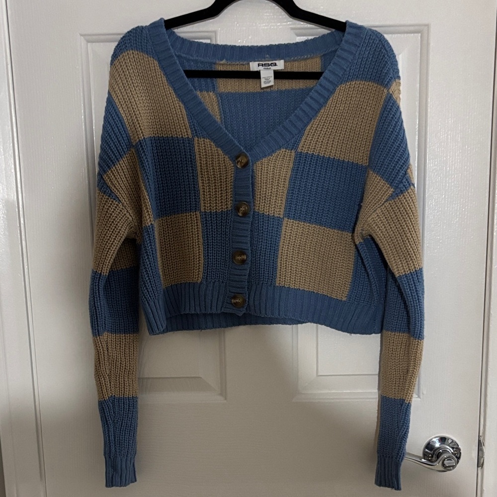 RSQ Blue and Tan Checkered Cropped Cardigan Medium